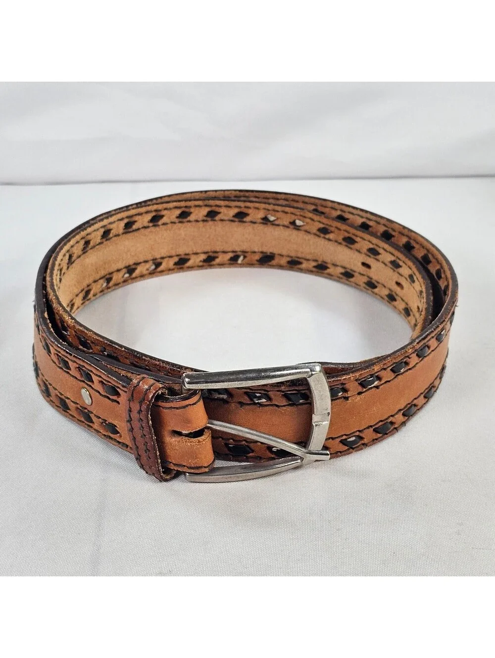 Vintage Tan Leather Whipstitch Belt Mens Brown Woven Boho Western 41.5 Inch